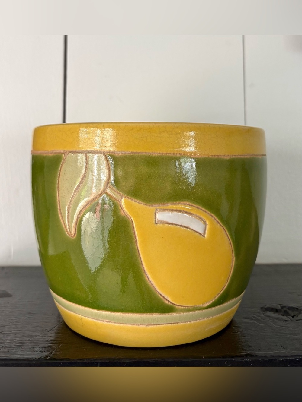 Vintage MCM Lemon Yellow and Green Ceramic Decorative Planter